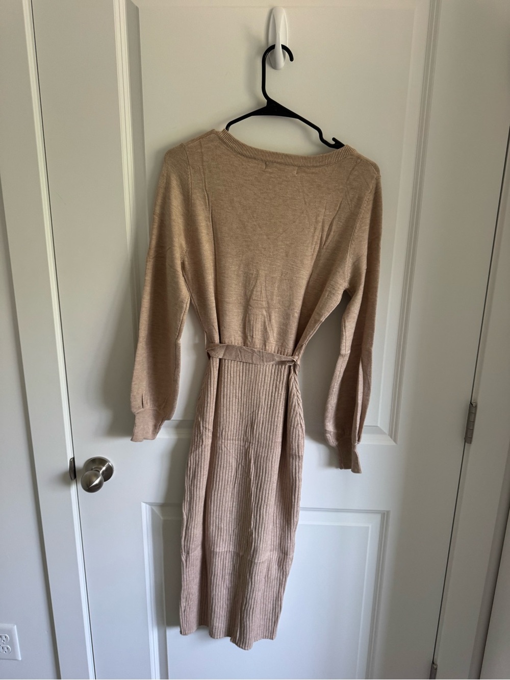 Beige Ribbed Neck Knit Dress - Picture 3 of 4